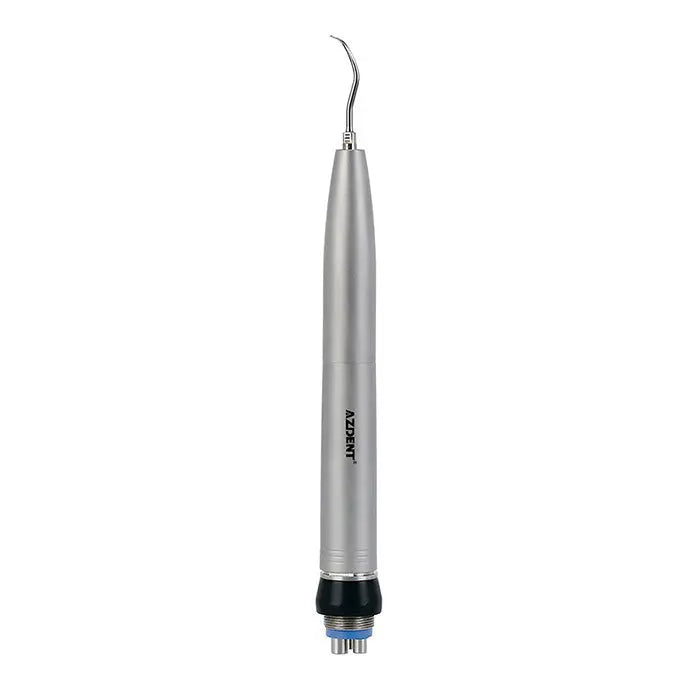 Dental Air Scaler Handpiece Sonic S with 4 Hole Quick Coupling: Sleek silver dental tool with curved tip, cylindrical body, and blue connector base for professional dental procedures and cleaning.