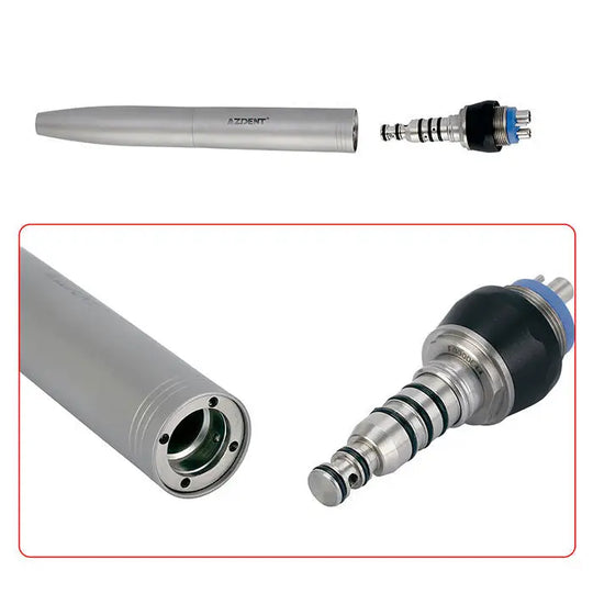 Dental Air Scaler Handpiece Sonic S with 4 Hole Quick Coupling: Sleek silver handpiece and detachable coupling shown separately and in close-up. Handpiece features smooth metallic body, coupling displays intricate design with blue accents for dental precision work.