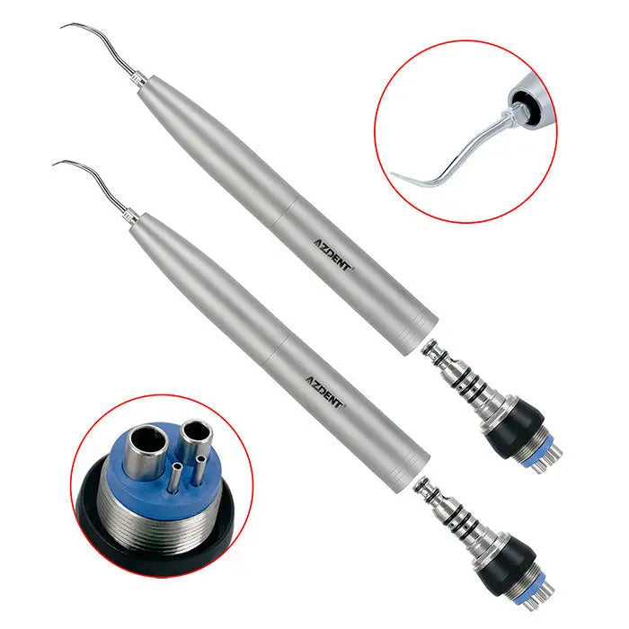 Dental Air Scaler Handpiece Sonic S With 4 Hole Quick Coupling, featuring two silver handpieces with curved tips, close-up of blue 4-hole coupling, and inset image of curved scaler tip. Professional dental equipment for efficient cleaning and scaling procedures.