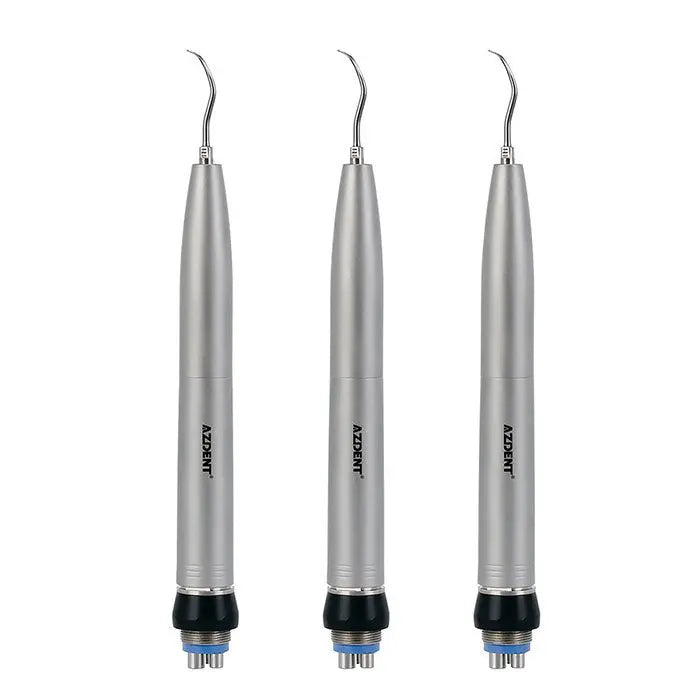 Dental Air Scaler Handpiece Sonic S With 4 Hole Quick Coupling: Three silver dental air scaler handpieces with curved tips, displaying sleek design and professional-grade quality for precise dental procedures and efficient oral care.