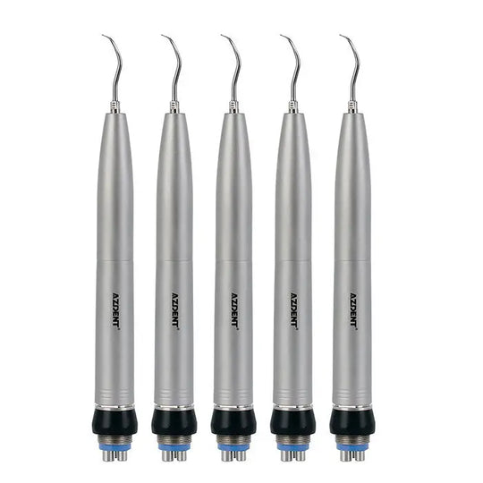 Dental Air Scaler Handpiece Sonic S With 4 Hole Quick Coupling: Five silver dental air scaler handpieces with curved tips, blue bases, and black grip areas, lined up in a row against a white background.