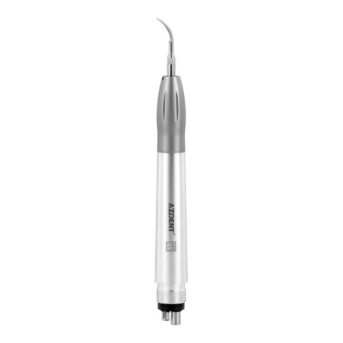 Dental Air Scaler Handpiece Super Sonic Scaling Handle 4 Holes With 3 Scaler Tips: Silver and white metal dental tool with curved tip, ergonomic design for comfortable grip, featuring advanced super sonic technology for powerful scaling performance.