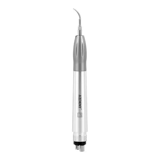 Dental Air Scaler Handpiece Super Sonic Scaling Handle 4 Holes With 3 Scaler Tips: Silver and white metal dental tool with curved tip, ergonomic design for comfortable grip, featuring advanced super sonic technology for powerful scaling performance.