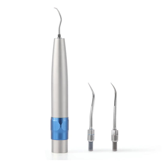 Dental Air Scaler Handpiece with Fiber Optic 3 Power Levels 3 Tips, silver body with blue grip, featuring main handpiece and two detachable curved metal tips for dental procedures, displayed on white background