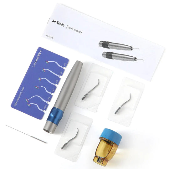 Dental Air Scaler Handpiece with Fiber Optic 3 Power Levels 3 Tips and accessories, including multiple scaler tips, torque wrench, and tip measuring card, displayed on white background