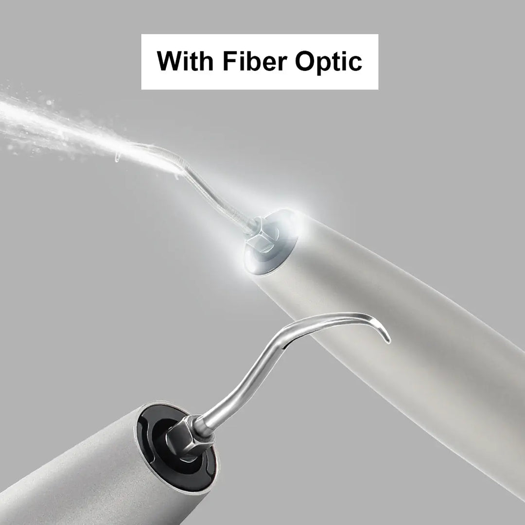 Dental Air Scaler Handpiece with Fiber Optic 3 Power Levels 3 Tips, showcasing fiber optic technology with illuminated tip and curved handpiece design for precise dental procedures