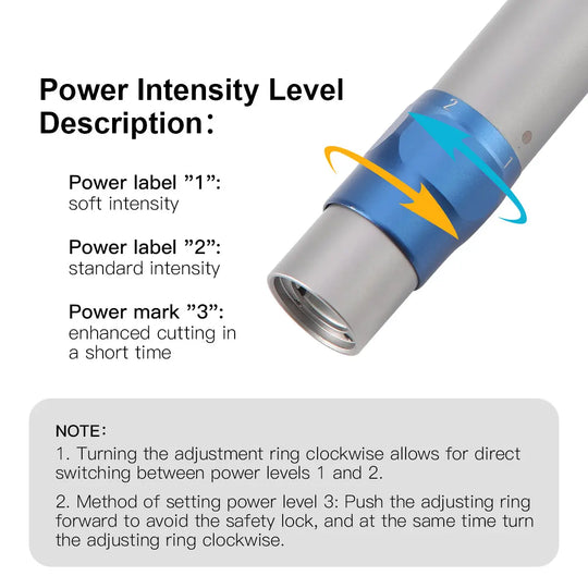 Dental Air Scaler Handpiece with Fiber Optic 3 Power Levels 3 Tips featuring adjustable intensity levels. Close-up of handpiece with blue adjustment ring, showing power settings for soft, standard, and enhanced cutting intensity. Instructions for switching between power levels included.