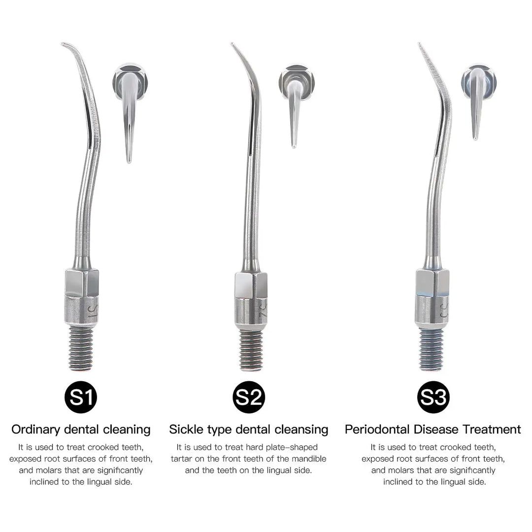 Dental Air Scaler Handpiece with Fiber Optic 3 Power Levels 3 Tips: Close-up of three dental scaler tips labeled S1, S2, and S3, showing their distinct curved shapes and uses for ordinary cleaning, sickle type cleaning, and periodontal disease treatment.