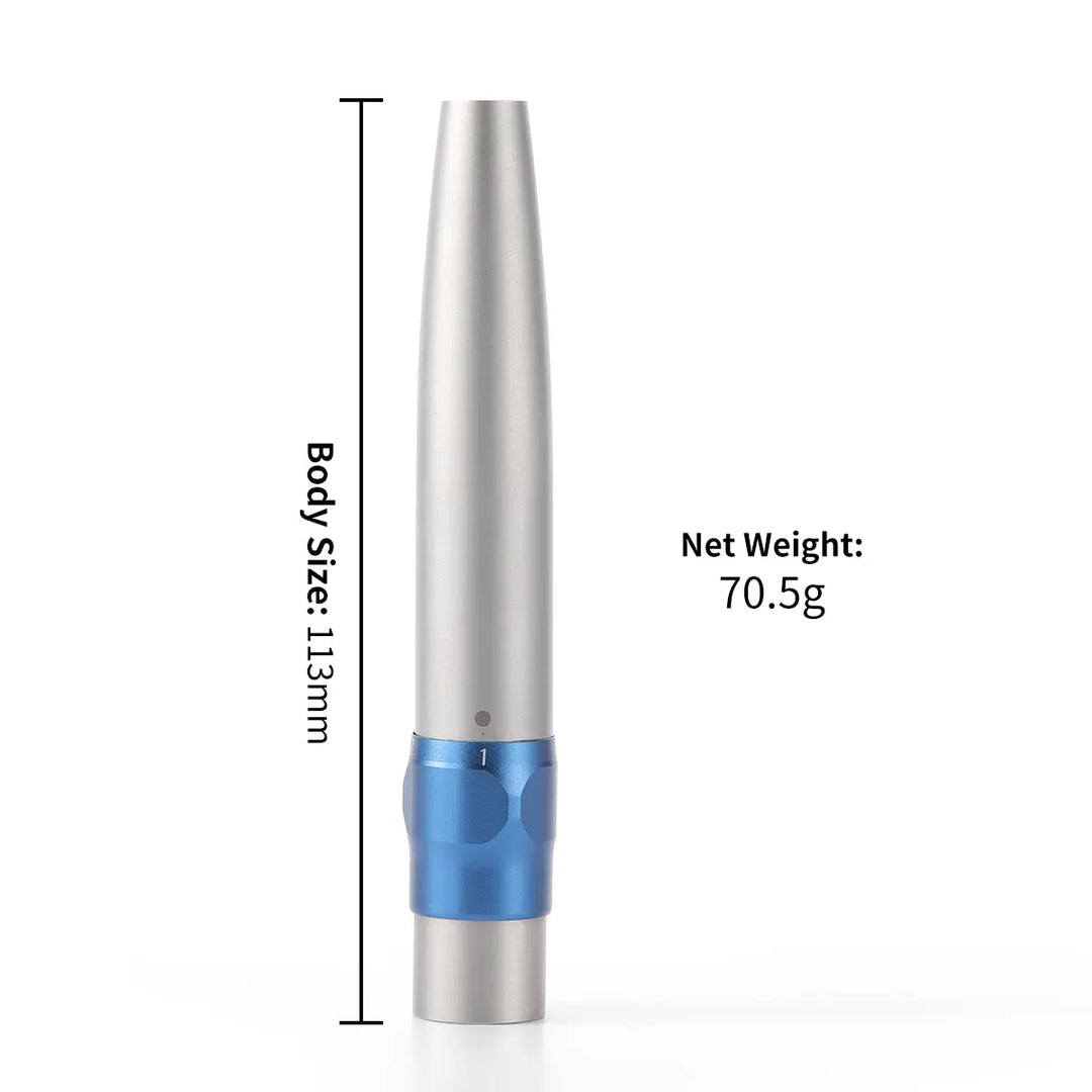 Dental Air Scaler Handpiece with Fiber Optic 3 Power Levels 3 Tips. Sleek silver handpiece with blue connector, measuring 113mm in length. Product image showing precise dimensions and net weight of 70.5g for dental professionals.