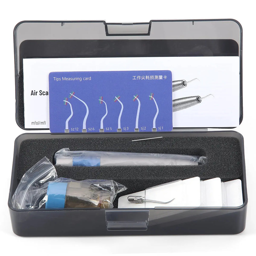 Dental Air Scaler Handpiece with Fiber Optic 3 Power Levels 3 Tips kit in open case, showing handpiece, tips, torque wrench, and tip measuring card with various curved tip shapes illustrated