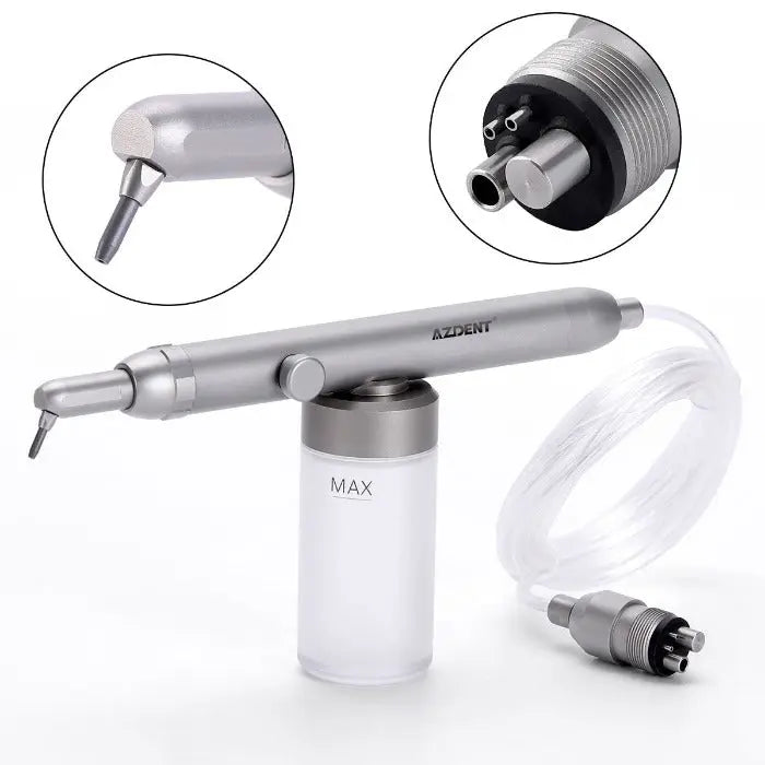 Dental Alumina Air Abrasion Polisher Sandblasting Sandblaster Prophy Gun 4 Hole with silver handpiece, white powder container, flexible tube, and close-up views of nozzle and connector for dental procedures