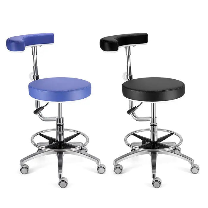 Dental Assistant Chair with 360 Degree Rotation Armrest PU Leather Height Adjustable in blue and black colors, featuring round seats, adjustable backrests, chrome bases with footrests, and smooth-rolling casters for versatile medical and office use