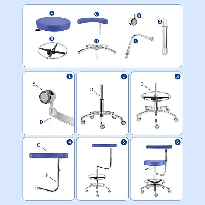 Dental Assistant Chair components: blue seat cushion, backrest, wheels, adjustable base, armrest, and hydraulic lift. Assembly steps shown for ergonomic, 360-degree rotating chair with PU leather and height adjustment features.