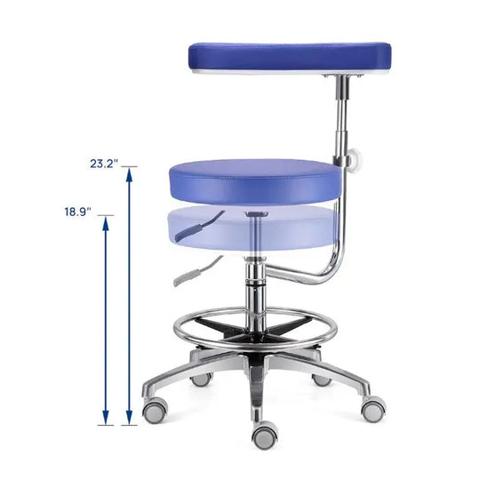 Dental Assistant Chair with 360 Degree Rotation Armrest PU Leather Height Adjustable: Blue ergonomic stool with padded seat, adjustable backrest, footrest, and wheeled base. Height ranges from 18.9" to 23.2". Ideal for medical, spa, or office settings.