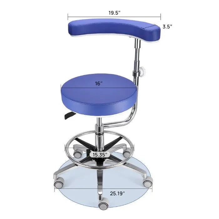 Dental Assistant Chair with 360 Degree Rotation Armrest PU Leather Height Adjustable: Blue upholstered round seat with curved backrest, chrome base, adjustable footring, and casters. Dimensions shown for seat, backrest, and base diameter.