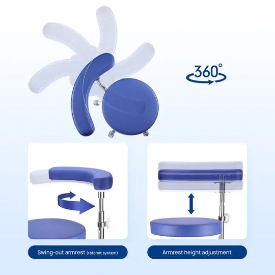 Dental Assistant Chair with 360 Degree Rotation Armrest, featuring adjustable height and swing-out armrest. Blue and white design showcases 360-degree rotation capability, ergonomic comfort, and versatile adjustment options for optimal dental assistance.