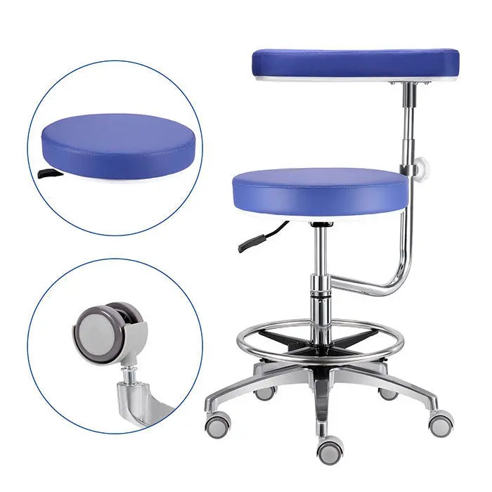 Dental Assistant Chair with 360 Degree Rotation Armrest, featuring blue PU leather seat and backrest, adjustable height, chrome base with wheels, and footrest ring. Ergonomic design for comfort and functionality in medical settings.