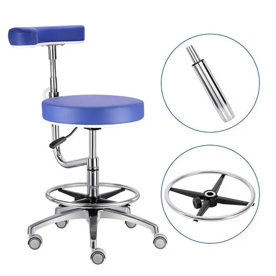 Dental Assistant Chair with 360 Degree Rotation Armrest PU Leather Height Adjustable: Blue ergonomic stool with round seat, backrest, armrest, adjustable height cylinder, and wheeled base. Inset images show chrome cylinder and foot ring details.