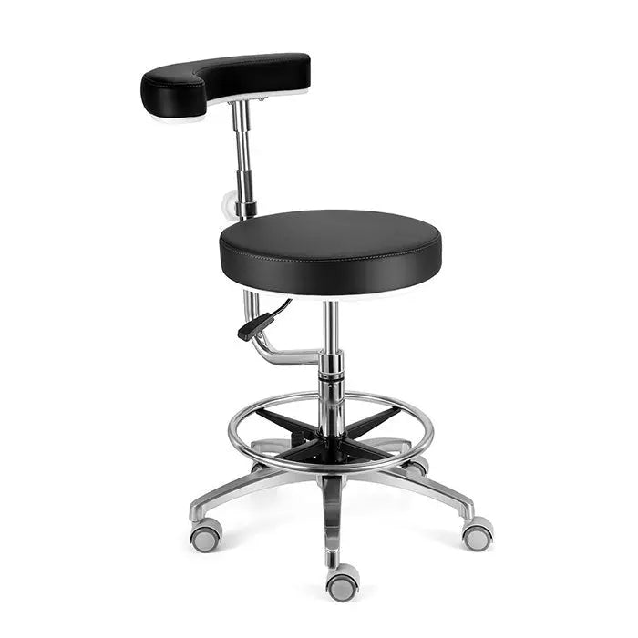 Dental Assistant Chair with 360 Degree Rotation Armrest, featuring black PU leather seat, adjustable height, chrome base with wheels, and ergonomic backrest for comfort and support in medical settings