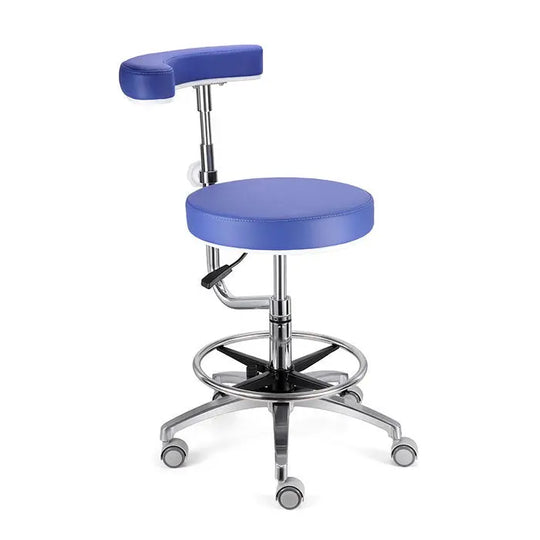 Dental Assistant Chair with 360 Degree Rotation Armrest PU Leather Height Adjustable: Blue ergonomic stool with round seat, adjustable armrest, chrome base, and wheels for medical and dental offices. Features height adjustment and swivel capability for comfort and versatility.