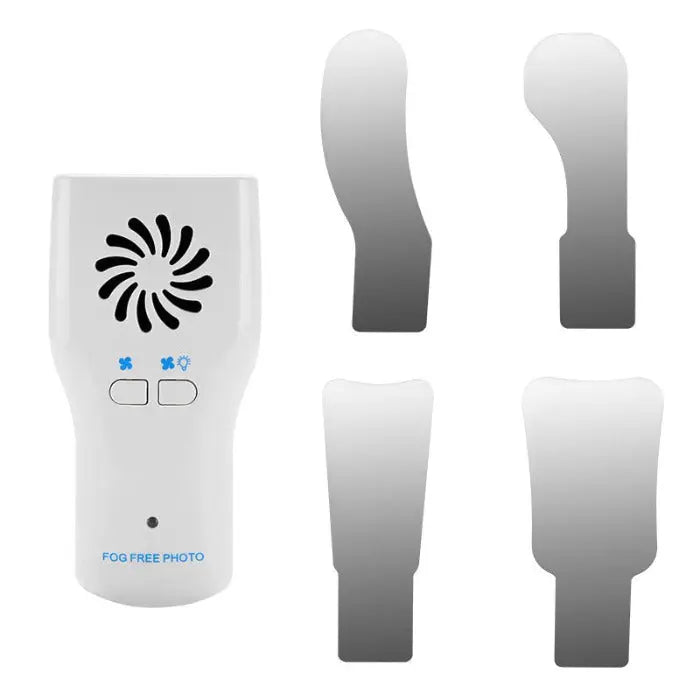 Dental Automatic Anti-fog Mirrors for Oral Photography: White handheld device with fan and buttons, accompanied by four stainless steel reflectors of varying shapes for different oral photography needs. Clear imaging and anti-fog functionality for dental procedures.