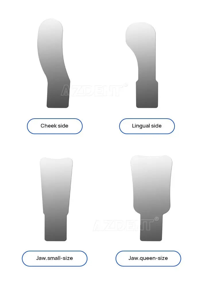 Dental Automatic Anti-fog Mirrors for Oral Photography: Four stainless steel reflector types - cheek side, lingual side, jaw small-size, and jaw queen-size - designed for various oral photography needs including teeth, face, and maxillofacial imaging.