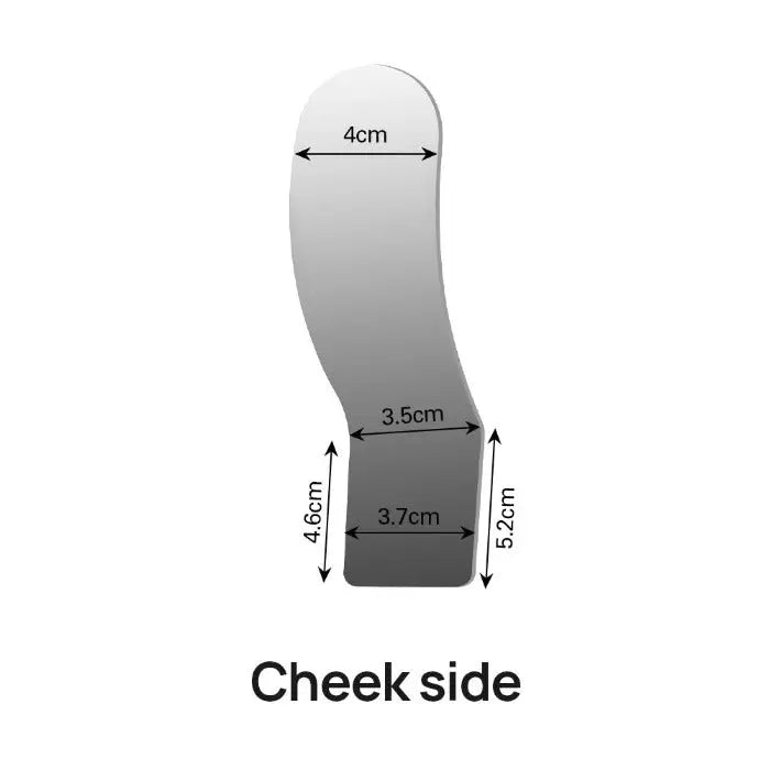 Dental Automatic Anti-fog Mirror for Oral Photography, Cheek side reflector with dimensions: 4cm width at top, 3.5cm and 3.7cm widths in middle, 5.2cm total length. Curved design for optimal cheek imaging in dental procedures.