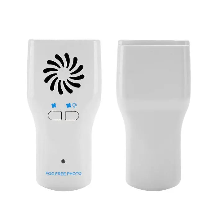 Dental Automatic Anti-fog Mirrors for Oral Photography Reflector Defog Mirror: White handheld device with spiral vent, blue LED indicators, and control buttons for fog-free dental photography. Compact design with smooth ergonomic grip for comfortable use during oral examinations and imaging.