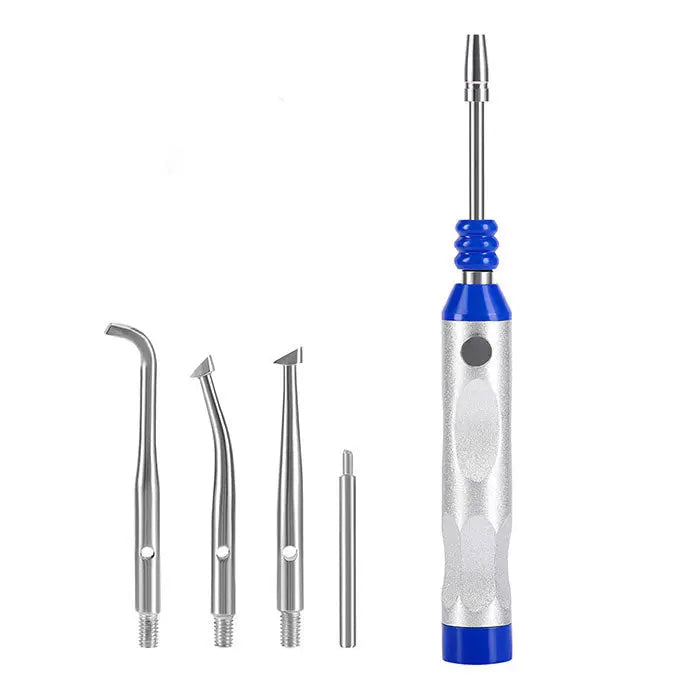 Dental Automatic Teeth Crown Remover Adjustable 4 Shifts Stainless Steel with blue handle and silver body, accompanied by four interchangeable stainless steel tips for various crown removal tasks, showcasing precision dental tool for painless crown removal