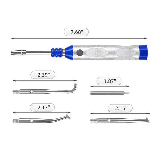 Dental Automatic Teeth Crown Remover Adjustable 4 Shifts Stainless Steel with main device and 4 attachments. Silver and blue tool body measures 7.68 inches long. Includes various stainless steel tips for different crown removal tasks, each labeled with its length.