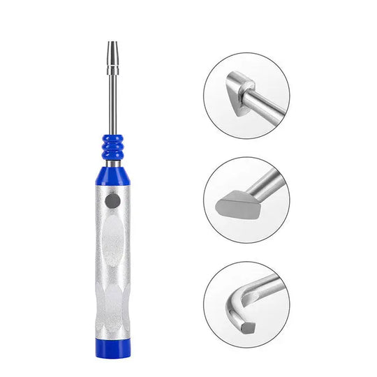 Dental Automatic Teeth Crown Remover Adjustable 4 Shifts Stainless Steel: Sleek silver and blue dental tool with interchangeable tips for crown removal. Close-up images show three different attachment heads for various dental procedures. Professional-grade instrument for efficient and painless crown extraction.