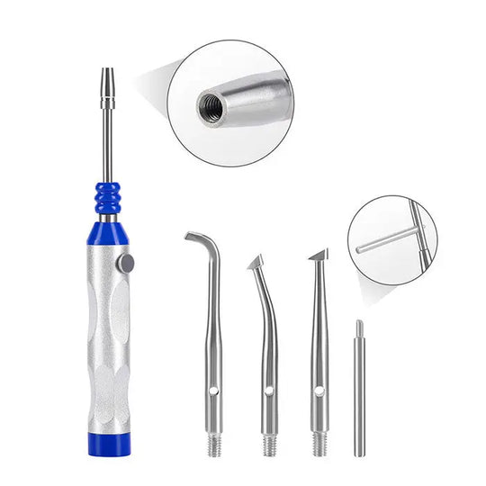 Dental Automatic Teeth Crown Remover Adjustable 4 Shifts Stainless Steel with blue handle, silver body, and four interchangeable stainless steel attachments. Close-up views of threaded connection and cross-section detail. Professional dental tool for painless crown removal.