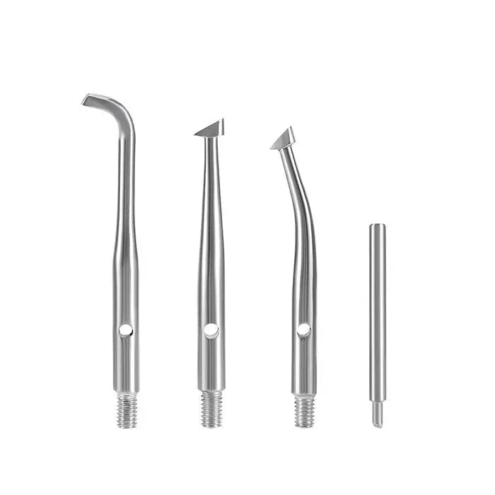 Dental Automatic Teeth Crown Remover Adjustable 4 Shifts Stainless Steel: Set of four stainless steel dental tools for crown removal, featuring curved and angled tips with polished finish. Includes three different angled attachments and one straight attachment for versatile use in dental procedures.