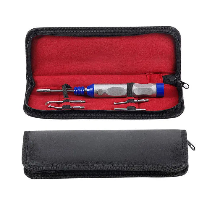 Dental Automatic Teeth Crown Remover Adjustable 4 Shifts Stainless Steel kit in black zippered case with red interior, showing specialized dental tools including a blue-handled crown remover and metal instruments for professional dental procedures