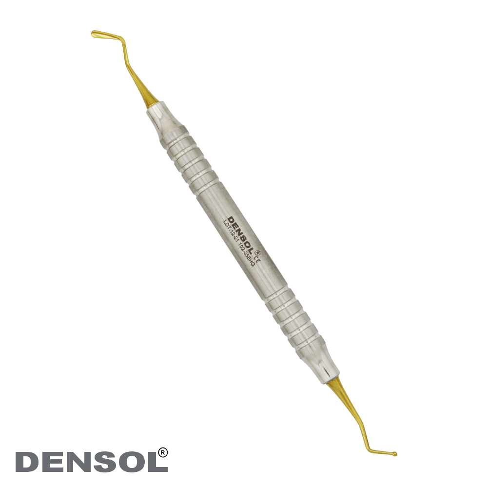 Dental Ball Burnishers Spatula Restorative tool with silver metallic handle and gold-colored tips on both ends. Densol brand visible on the instrument. Professional dental tool for smoothing and burnishing dental materials.