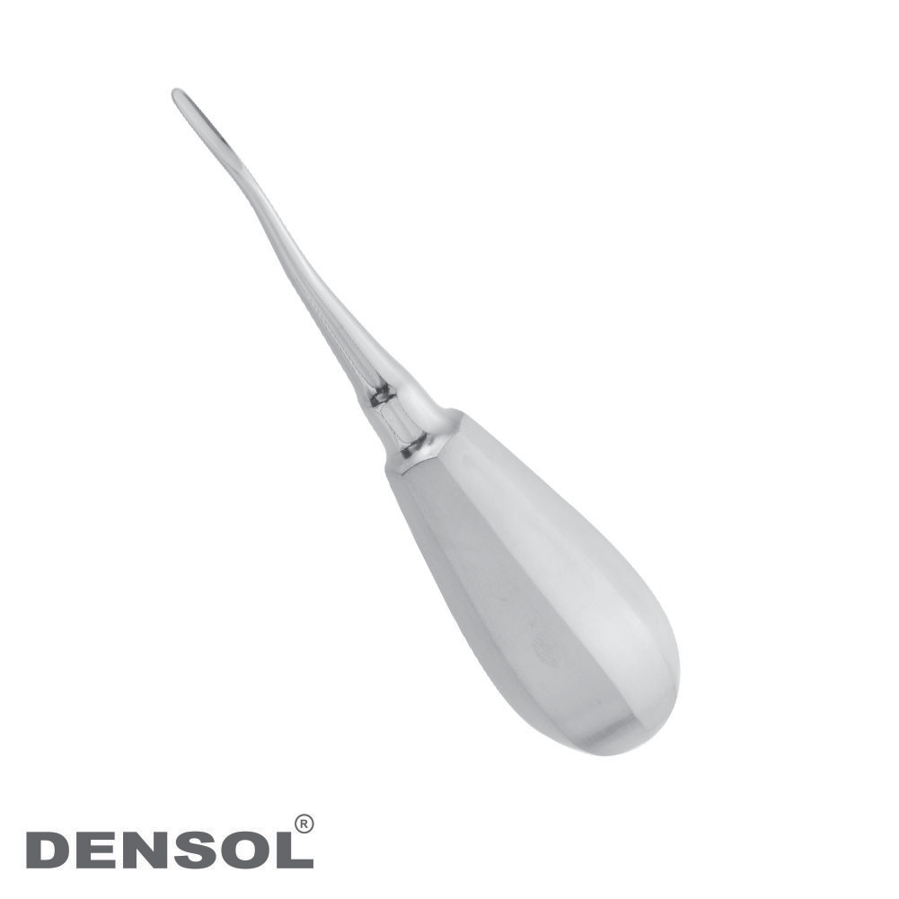 Dental Bayonet Elevator 4mm: Stainless steel dental instrument with curved tip and ergonomic handle for tooth extraction, shown against white background with Densol logo