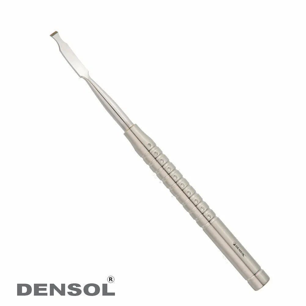 Dental Bone chisel Ochsenbein 5mm Left: Stainless steel dental instrument with solid handle and beveled semi-circular notches, used for reshaping bone and reflecting flaps. Features textured grip for precise control during dental procedures.