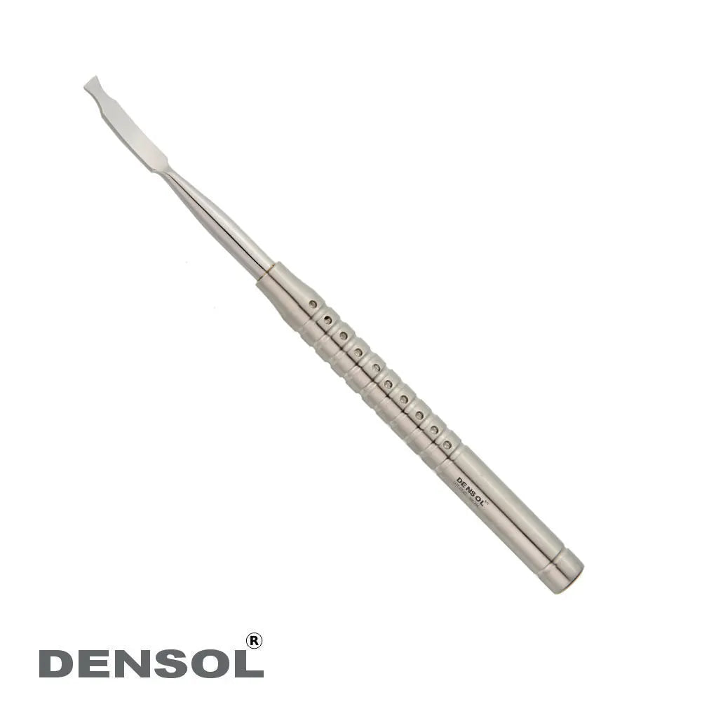 Dental Bone chisel Ochsenbein 5mm Right: Stainless steel dental instrument with round solid handle, featuring a 5mm angled chisel tip for precise bone manipulation in dental procedures. Made by Densol, known for quality dental tools.