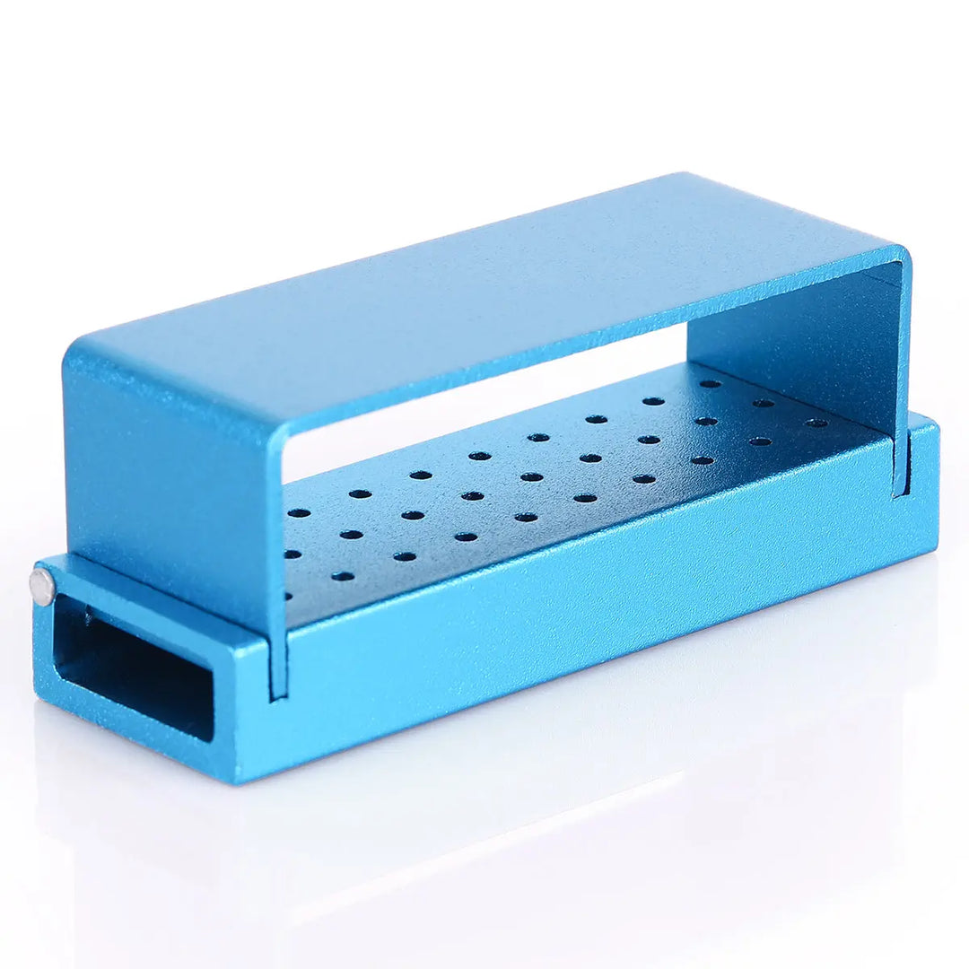 Dental Burs Drill Disinfection Block High Speed Handpiece Holder Blue 30 Holes, aluminum construction, autoclavable, with perforated top for bur storage and sterilization, compact rectangular design in bright blue color