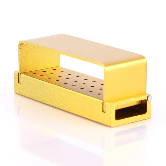 Golden dental burs drill disinfection block with 30 holes for high-speed handpiece holders, made of aluminum, autoclavable, featuring a rectangular design with perforated top surface for sterilizing dental instruments