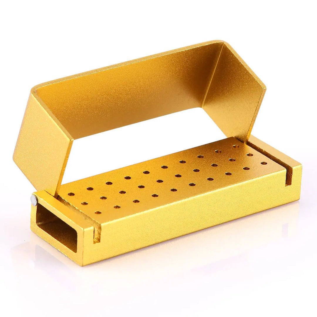 Golden dental burs drill disinfection block with 30 holes for high-speed handpiece sterilization, featuring an aluminum construction and autoclavable design for efficient dental tool organization and cleaning