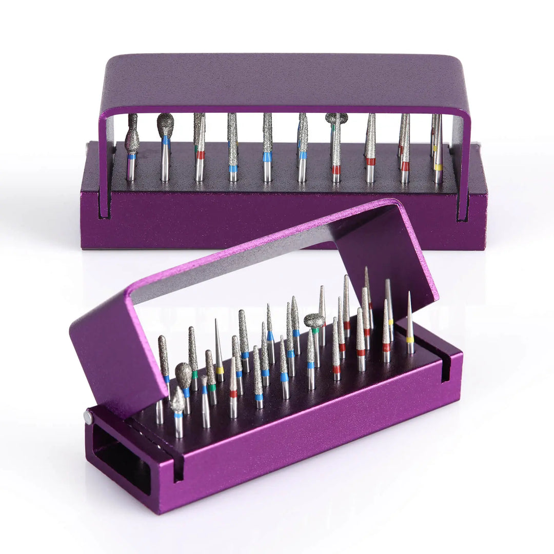 Purple dental burs drill disinfection block with 30 holes for high-speed handpiece holders, showcasing autoclavable aluminum construction and compact size for efficient sterilization of dental burs. Dental Burs Drill Disinfection Block High Speed Handpiece Holder Purple 30 Holes.