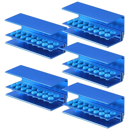 Dental Burs Holder Block 16 Holes with Silicon Cover FG RA Autoclavable: Set of five blue aluminum dental bur blocks with silicon covers, each containing 16 holes for organizing and storing dental burs. Autoclavable and designed for both high and low-speed burs.