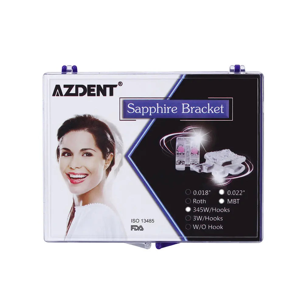 Dental Ceramic Bracket Positioning Monocrystalline Sapphire & Buccal Tube Mini MBT 0.022 Hooks on 345 product packaging, showing AZDENT brand, Sapphire Bracket label, and product specifications including 0.022" size and MBT system with hooks on 3,4,5 positions