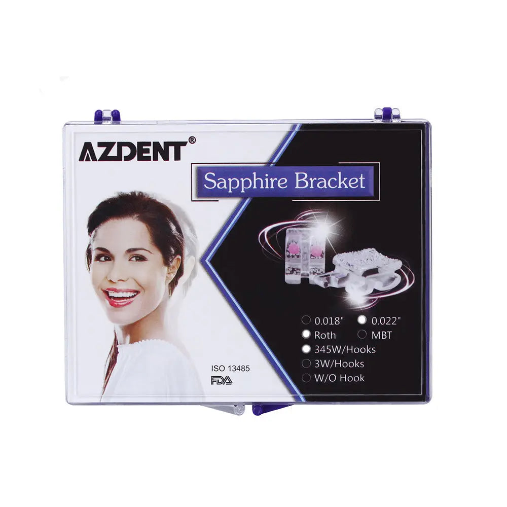 Dental Ceramic Bracket Positioning Monocrystalline Sapphire & Buccal Tube Mini Roth 0.022 Hooks on 345 product box displaying AZDENT Sapphire Bracket specifications and features, with transparent brackets visible on the right side of the packaging