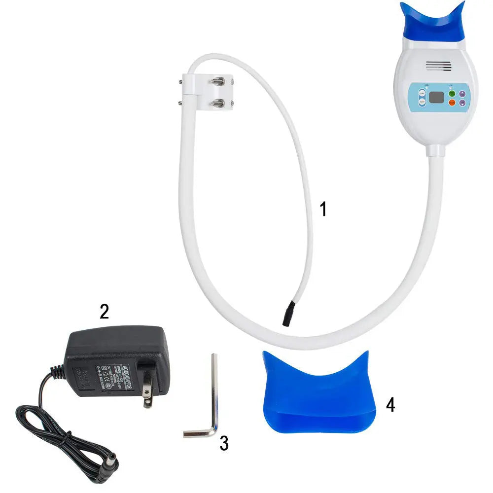 Dental Cold Whitening Light Lamp 8 Blue LED Chair Type with flexible arm, digital display, power adapter, and blue mouth guard accessories for professional teeth whitening treatment in dental offices