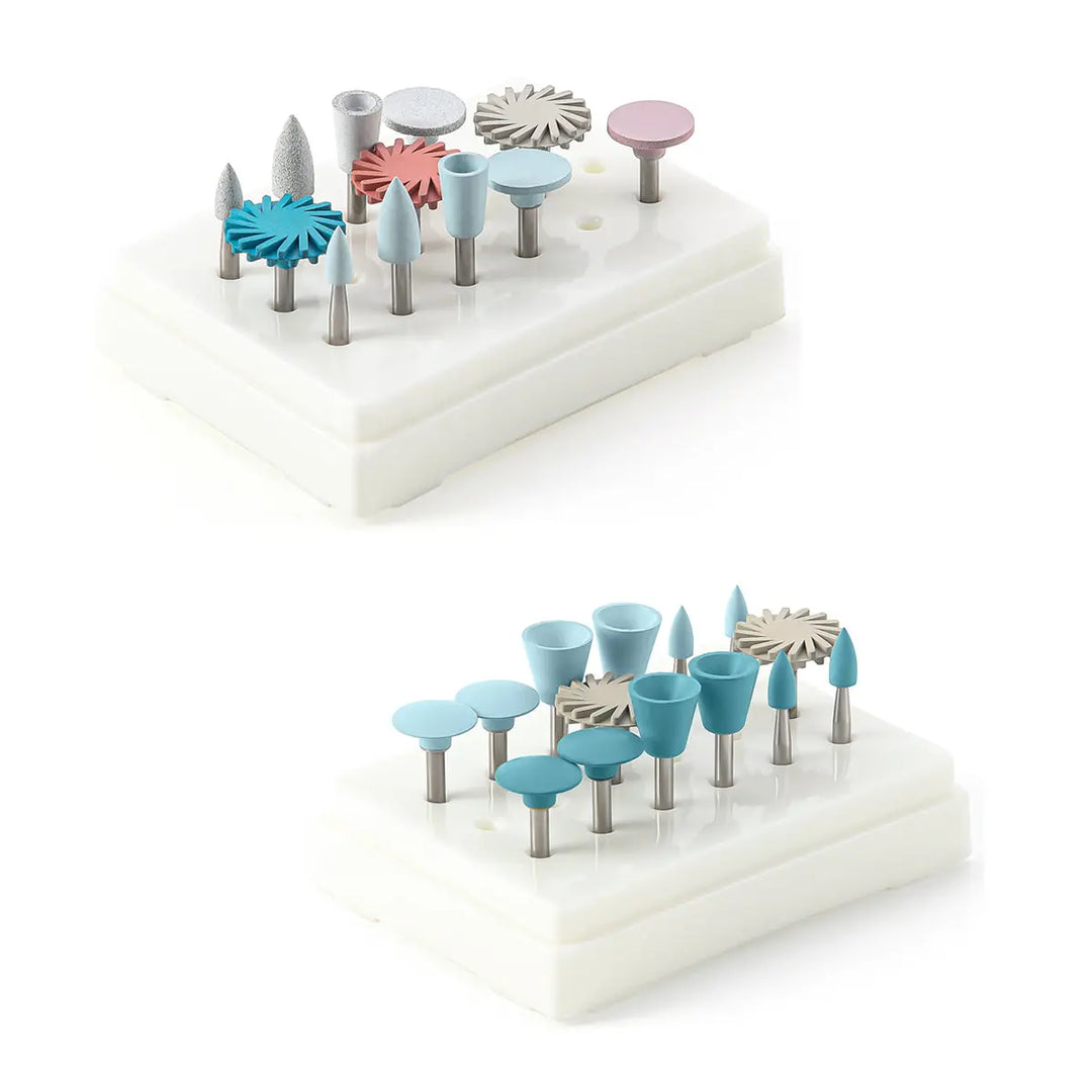 Dental Composite Polishing Kit RA 2.35MM Finishing Polishers for Contra Angle featuring various shaped and colored polishing burs arranged in white foam holders, including conical, cylindrical, and disc-shaped tips for precision dental work and composite finishing