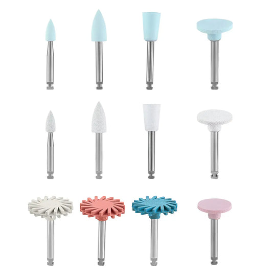 Dental Composite Polishing Kit RA 2.35MM Finishing Polishers for Contra Angle featuring various shapes and sizes of polishing tools with metal shanks and colored tips for dental composite, natural teeth, and porcelain finishing and polishing