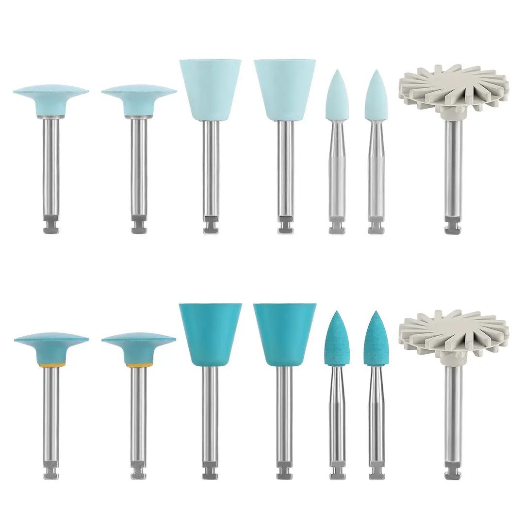 Dental Composite Polishing Kit RA 2.35MM Finishing Polishers for Contra Angle: Set of various shaped dental polishing tools with light blue and teal silicone heads and metal shanks, including cups, points, and wheels, arranged in two rows for composite, natural teeth, and porcelain finishing and polishing