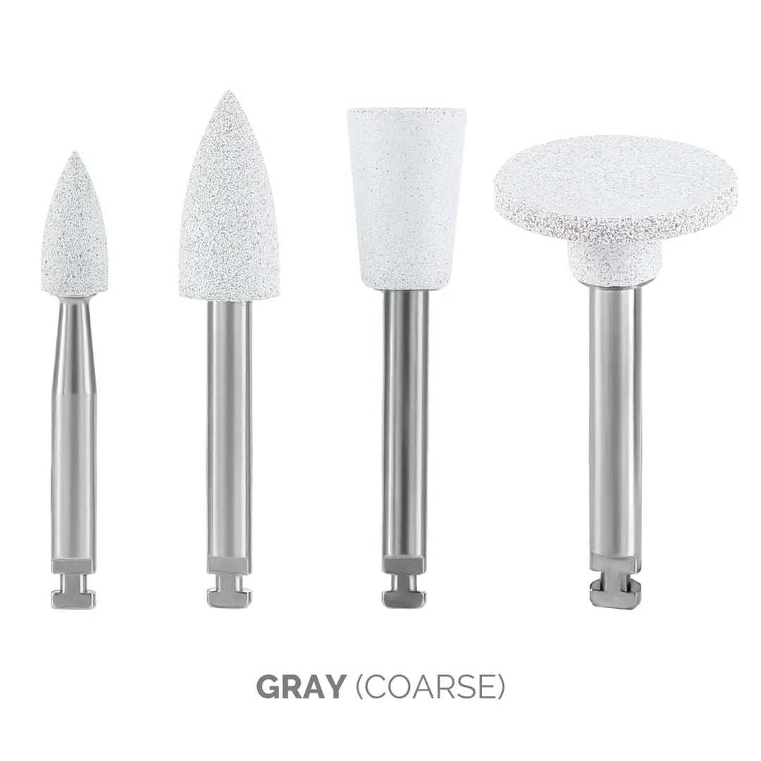 Dental Composite Polishing Kit RA 2.35MM Finishing Polishers for Contra Angle: Set of four gray coarse dental polishing tools with different shapes - pointed, bullet, cylindrical, and disc - mounted on stainless steel shanks for contra angle handpiece use.